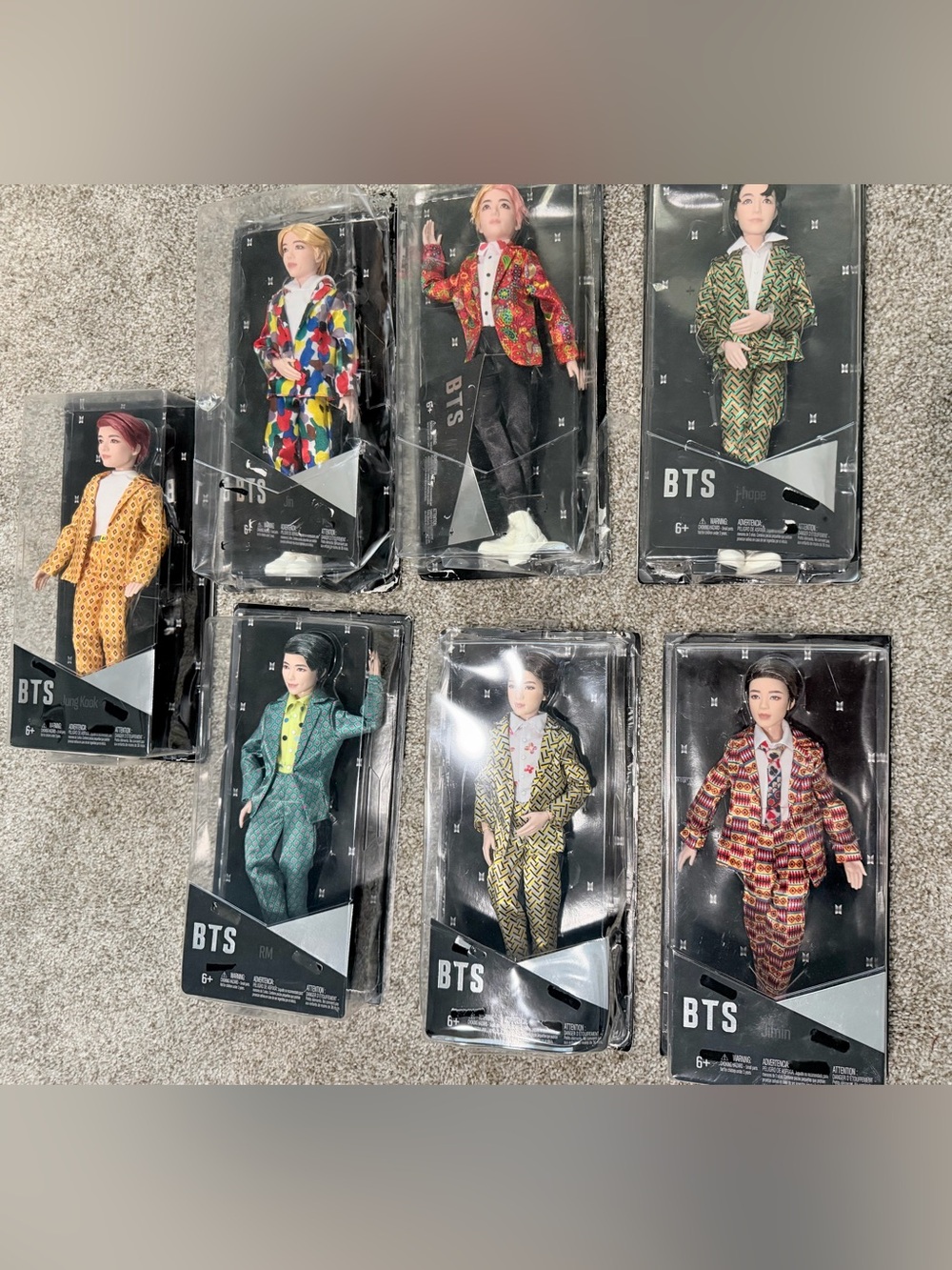 Mattel BTS Dolls in Multicolor Patterned Suits